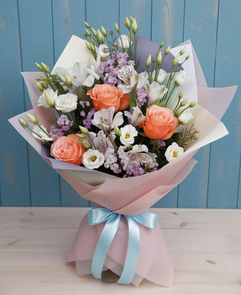 Букет цветов из: Лизиантусы, Розы, Альстромерии и Гипсофила в Богослово