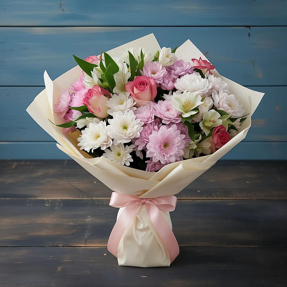 Букет цветов из: Хризантемы, Альстромерии и Розы в Богослово